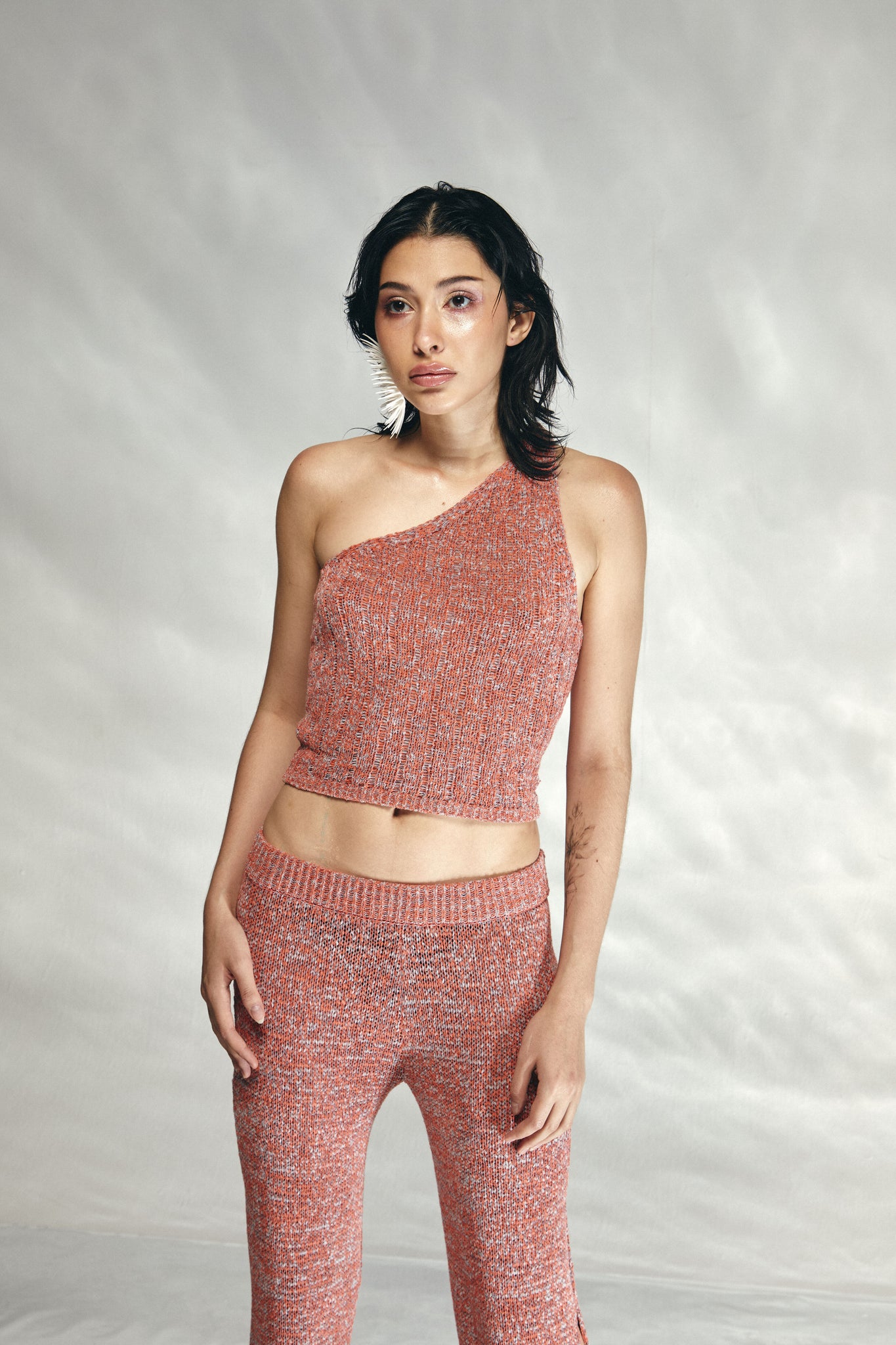 KNIT AND PROMISE One Shoulder Top - Coral