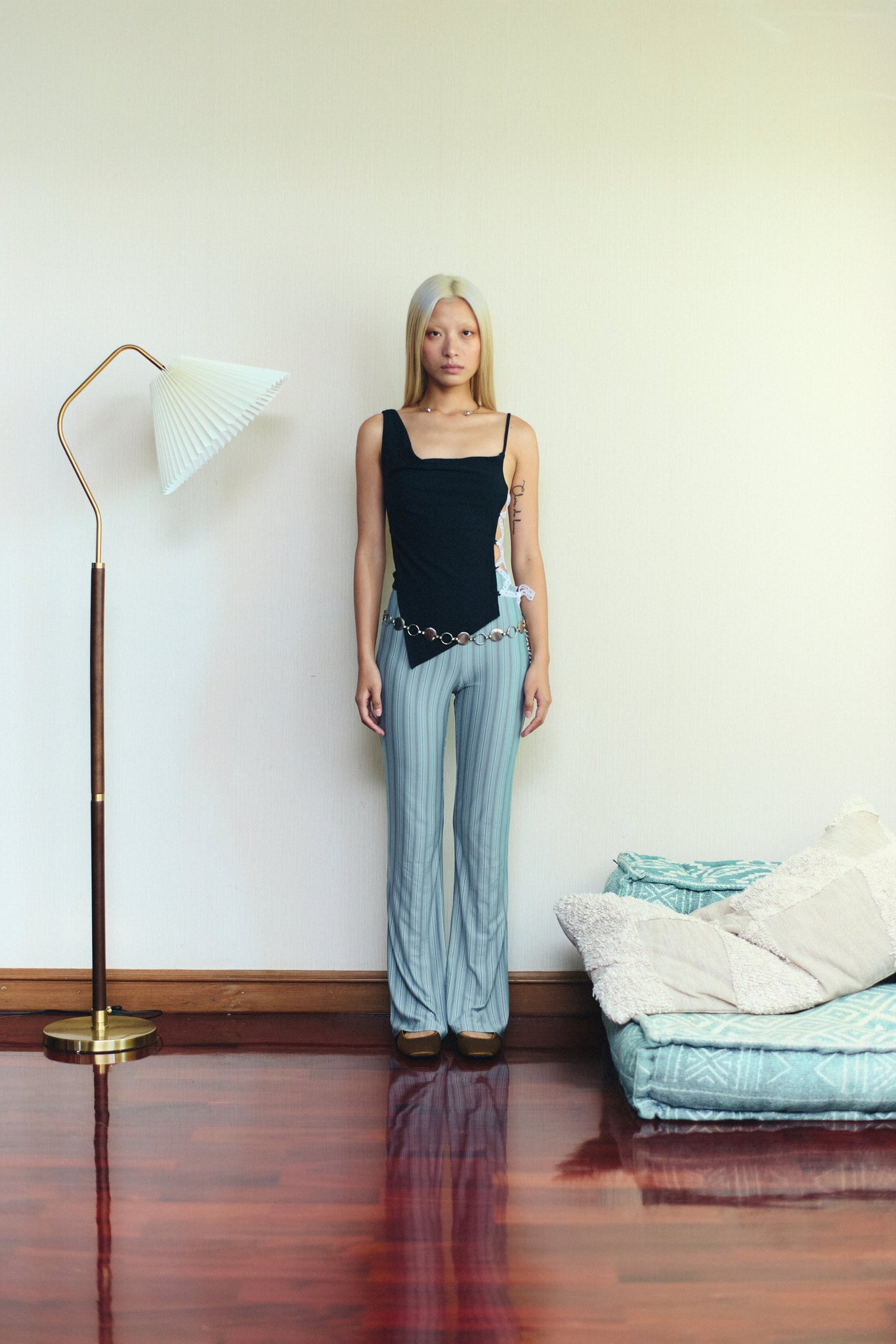 BLUE STRIPE Metal belt flared pants