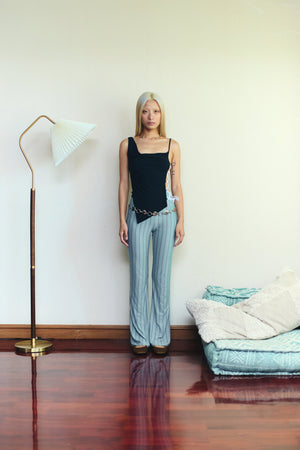 BLUE STRIPE Metal belt flared pants