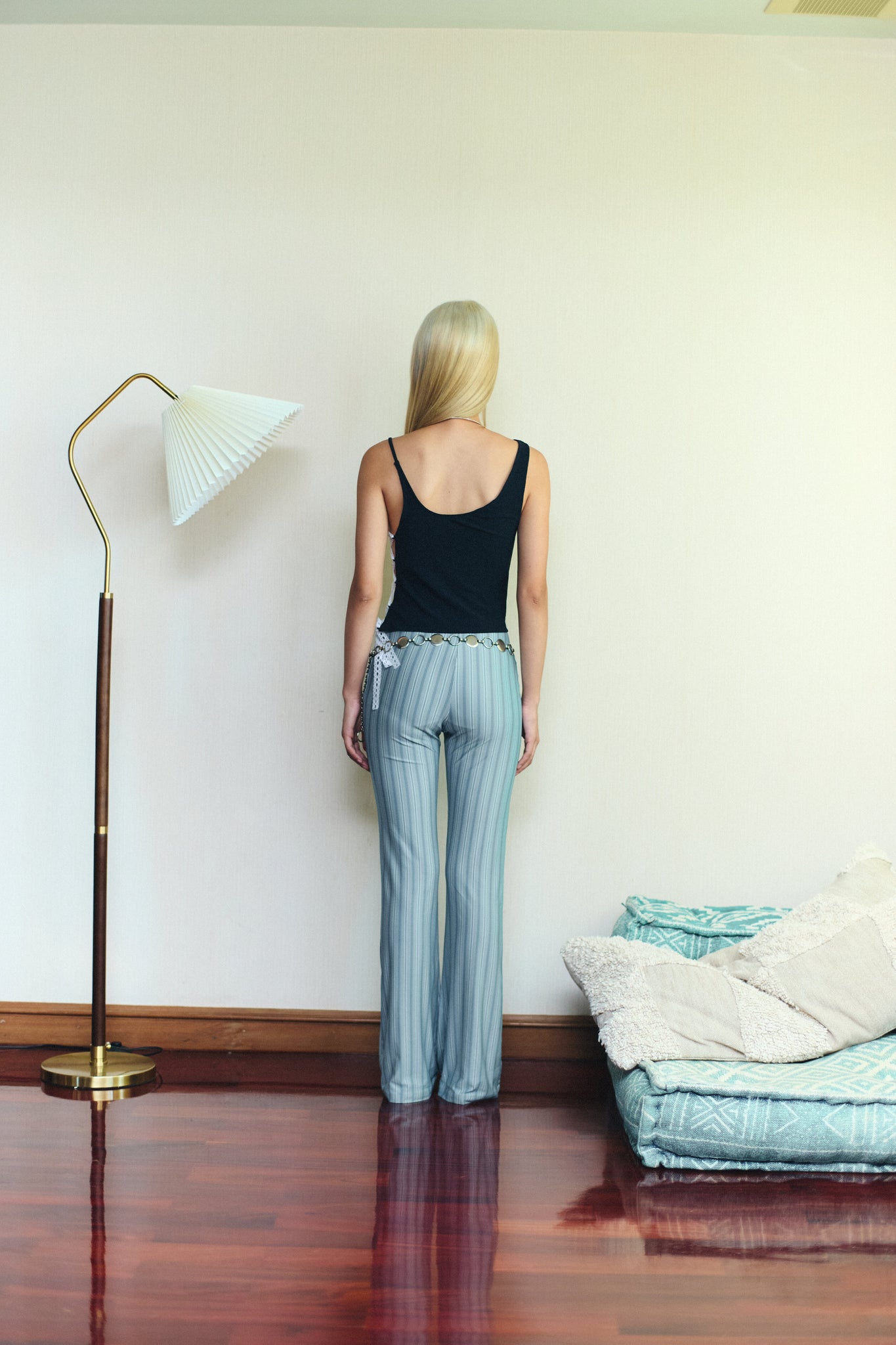 BLUE STRIPE Metal belt flared pants