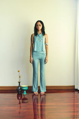 BLUE STRIPE Metal belt flared pants