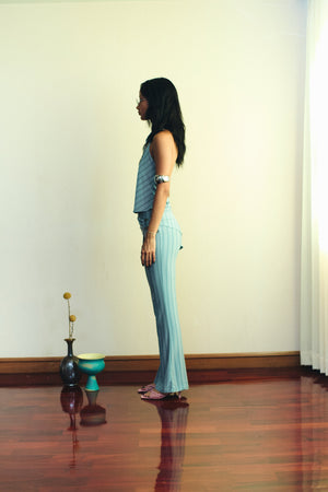 BLUE STRIPE Metal belt flared pants