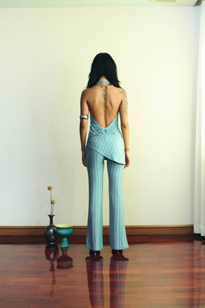 BLUE STRIPE Metal belt flared pants