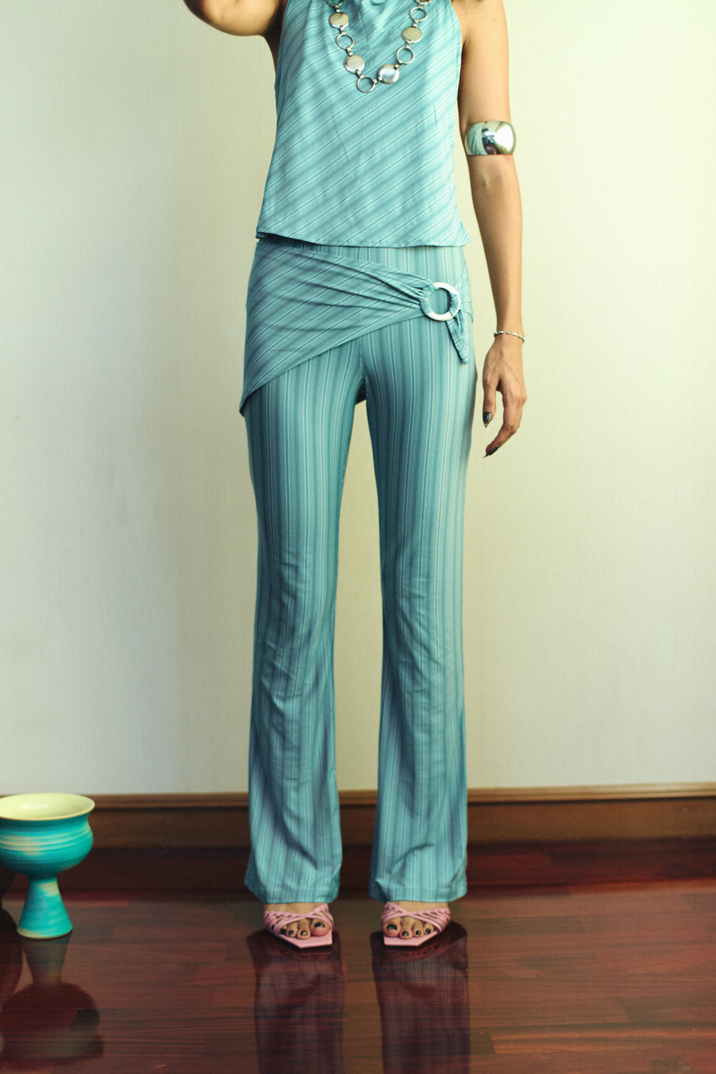 BLUE STRIPE Metal belt flared pants