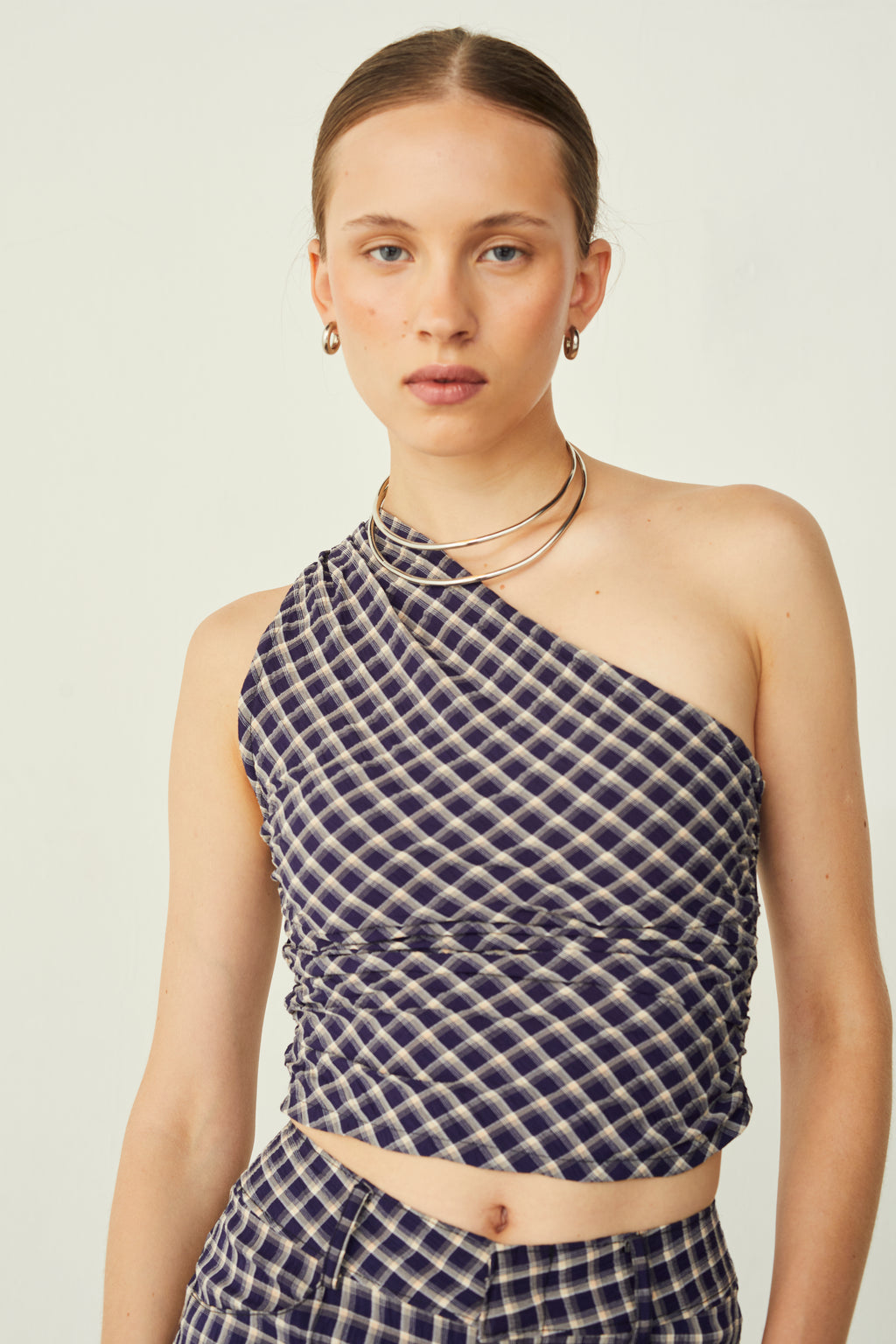 NAVY Plaid One Shoulder Top