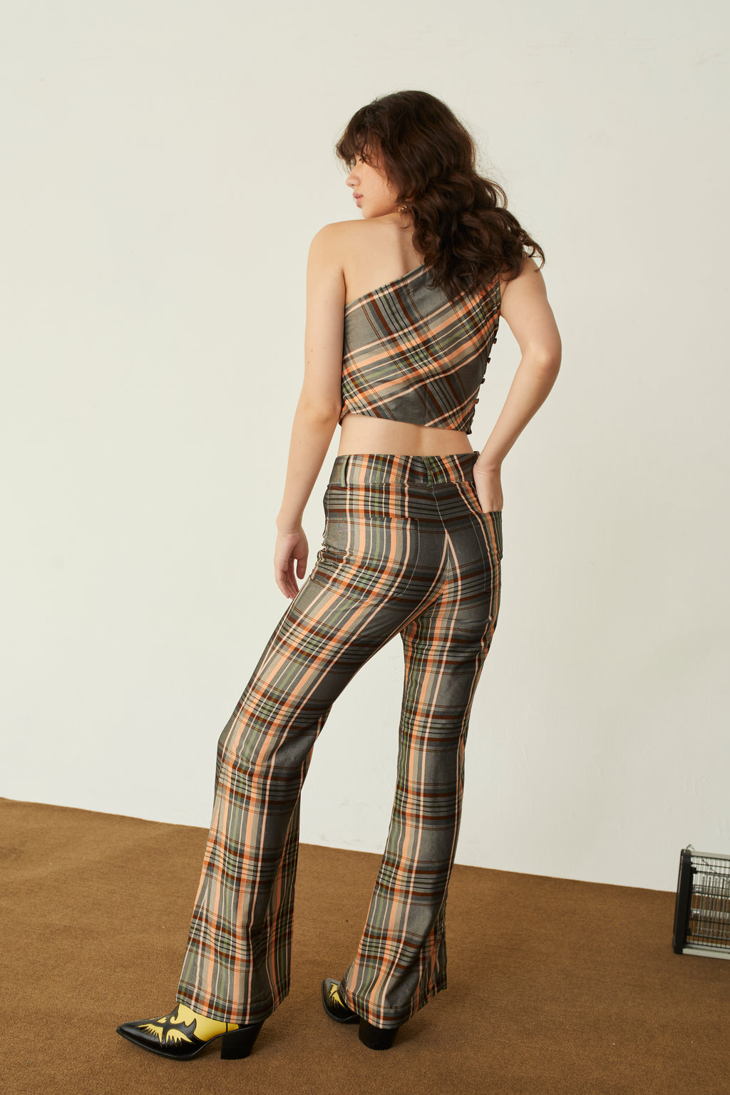 BROWN Plaid Flared Trousers